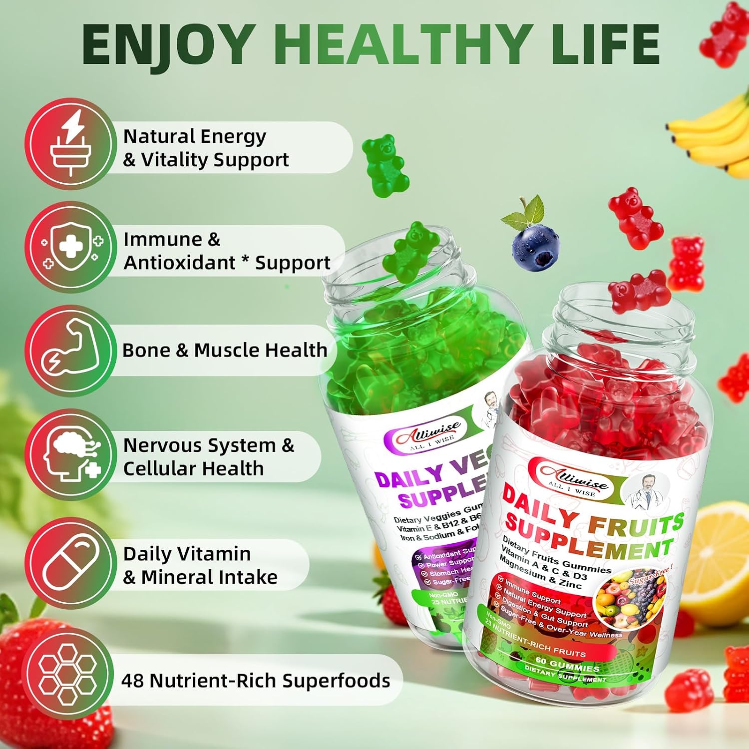 Alliwise Gominolas Multivitamínicas de Frutas y Verduras sin Azúcar - 120 uds.