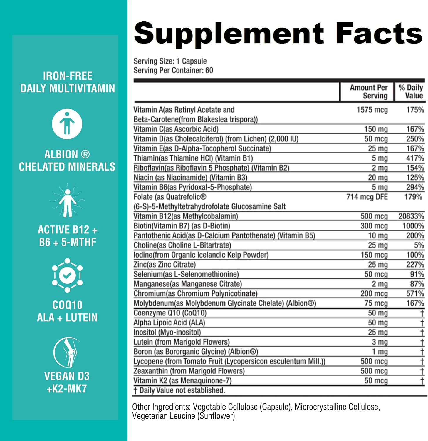 Power By Naturals Methyl Multi One - Multivitamínico Metilado Sin Hierro con 5-MTHF, Metilcobalamina y CoQ10 - 60 Cápsulas
