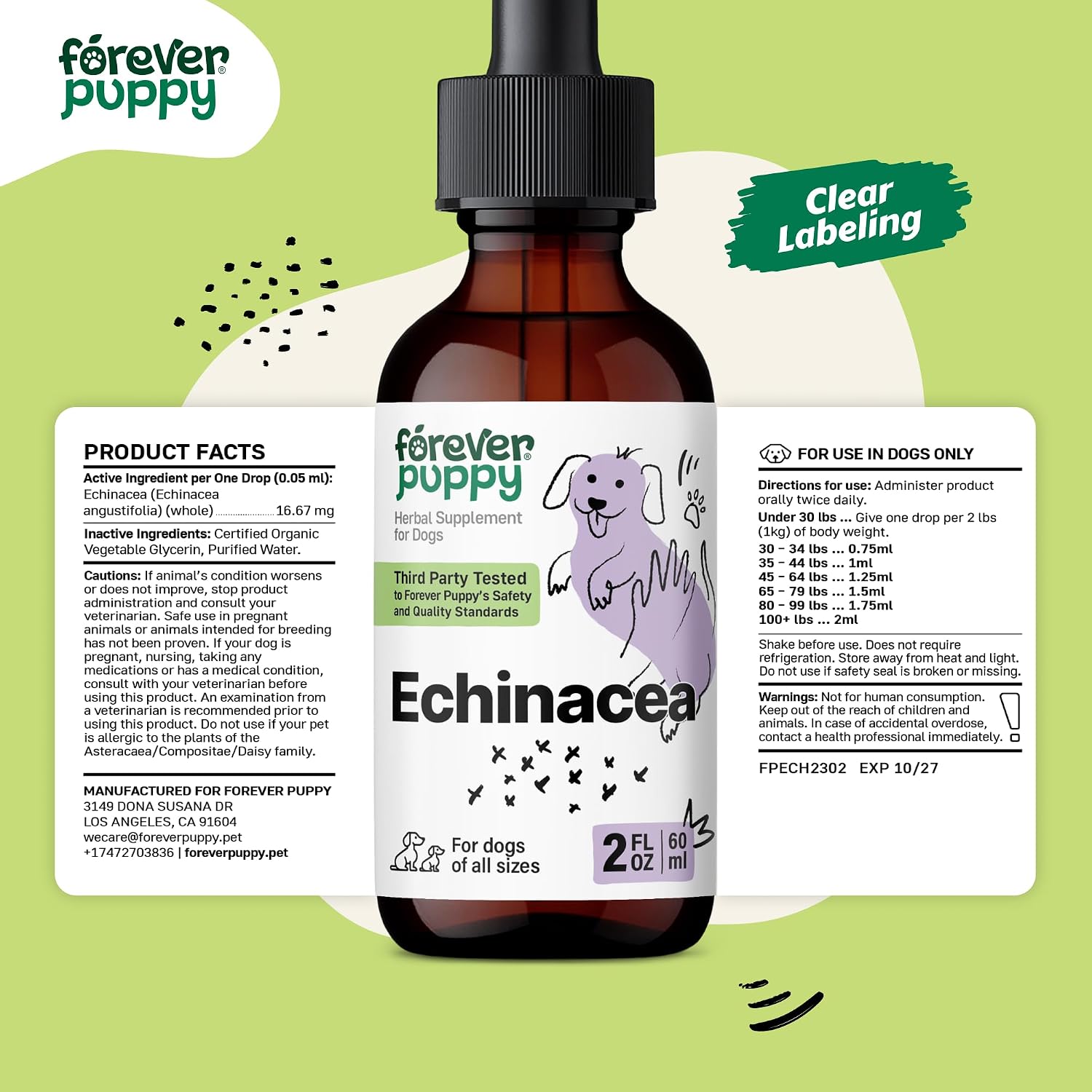 Forever Puppy Gotas de Echinacea para Perros - 2 oz (59 ml) | Apoyo Inmunitario Natural