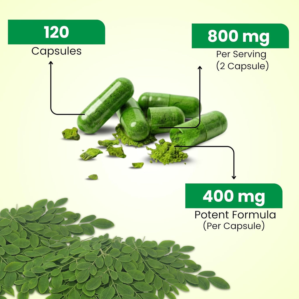 Cápsulas de Moringa Pura - Extracto de Hoja de Moringa para Energía Natural, Digestión y Bienestar Diario | Superfood Verde Vegano | 120 Cápsulas (800mg)