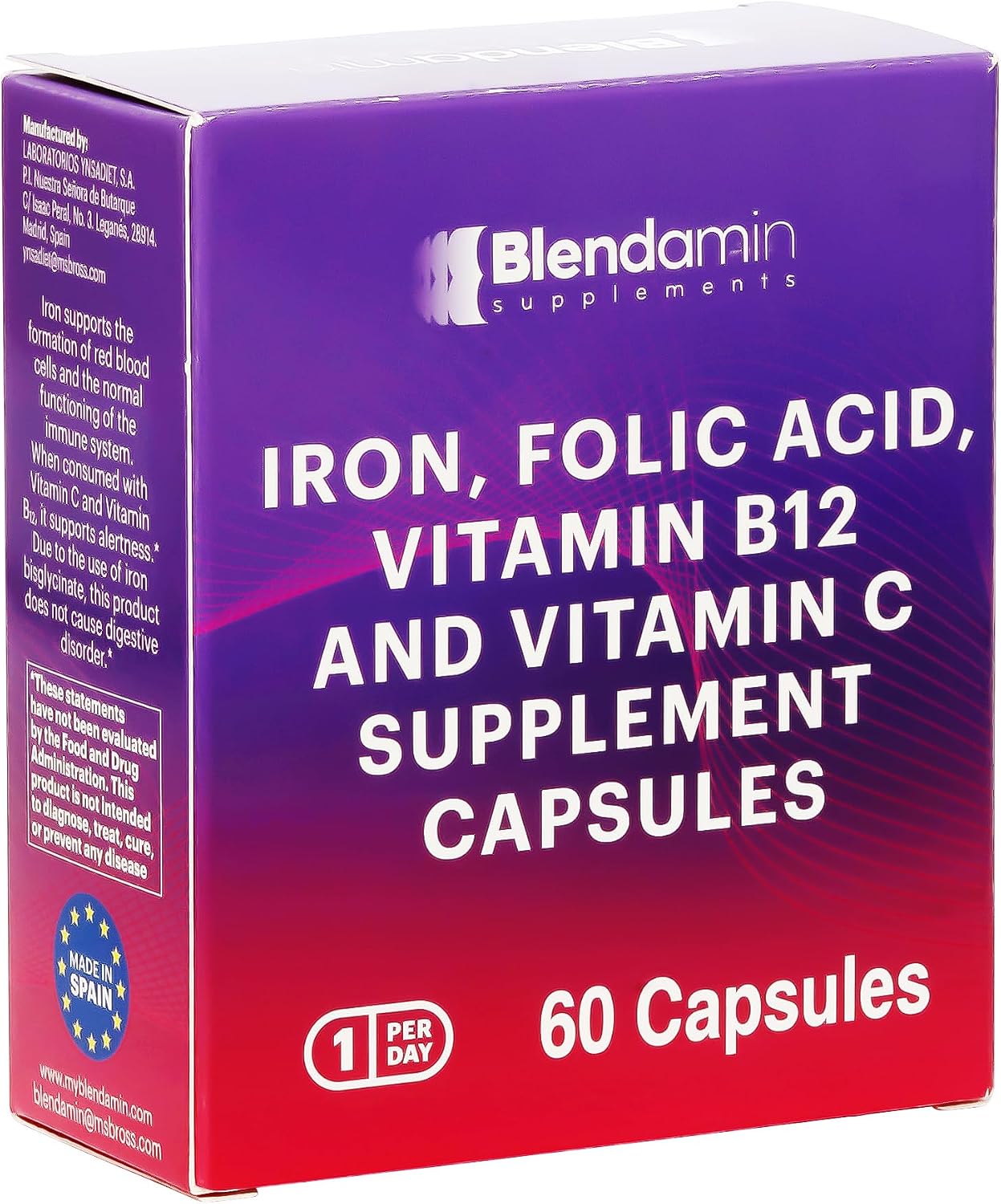 Blendamin Hierro Gluconato Ferroso con Vitaminas B12, Ácido Fólico y Vitamina C - 60 Cápsulas