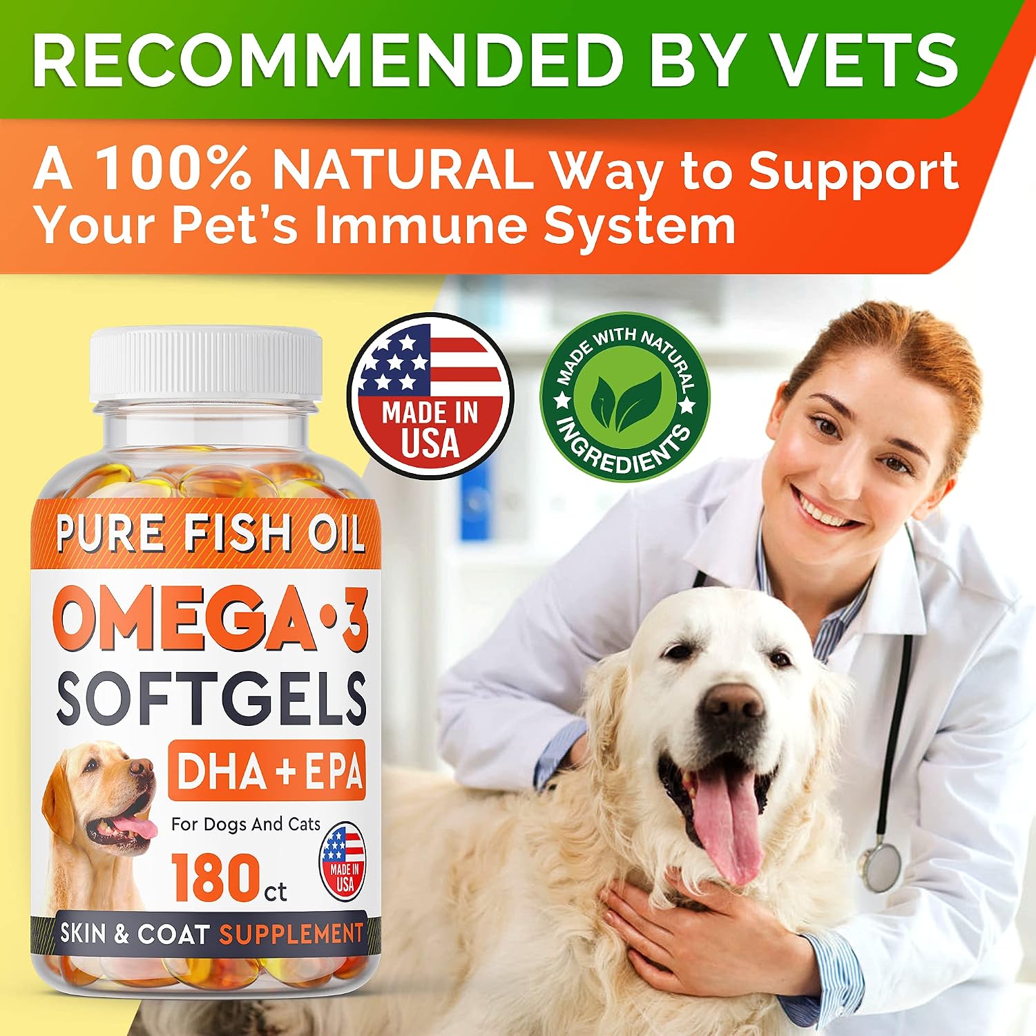 StrellaLab Omega 3 Cápsulas de Aceite de Pescado para Perros (180 uds) - Sin Olor a Pescado - EPA y DHA - Apoya Articulaciones, Piel y Pelaje