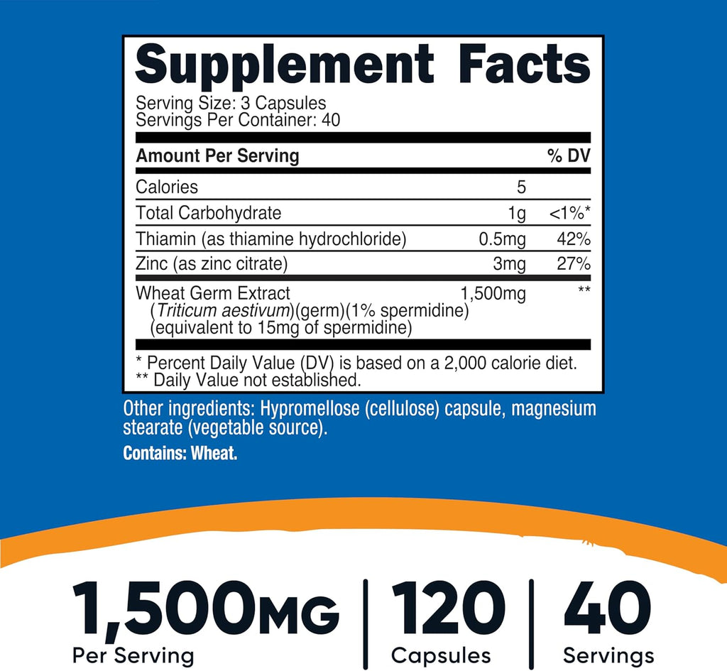 Nutricost Espermidina Extracto de Germen de Trigo, 120 Cápsulas para 40 Raciones - Vegetariano, Sin OGM