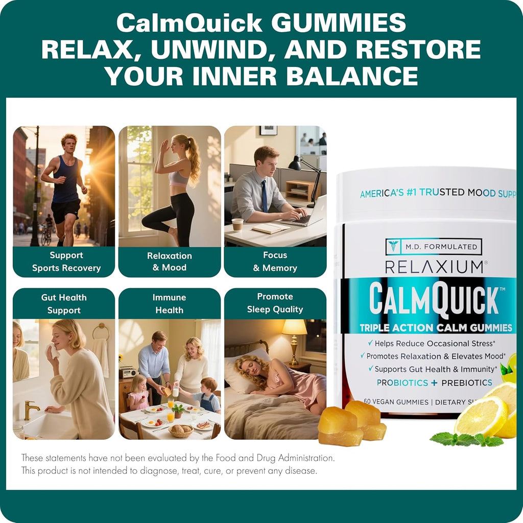 Relaxium Calm Gummies - Gominolas para la Calma, Salud Intestinal y Apoyo Inmune, con Vitamina B6, Magnesio, L-Teanina y Prebióticos, Sabor Limón, 60 unidades