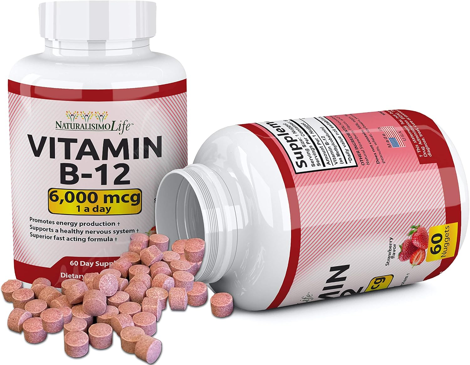 NaturalisimoLife Vitamina B12 6000 mcg – Nuggets de disolución rápida sabor fresa – 60 nuggets, Vegano, Sin Gluten