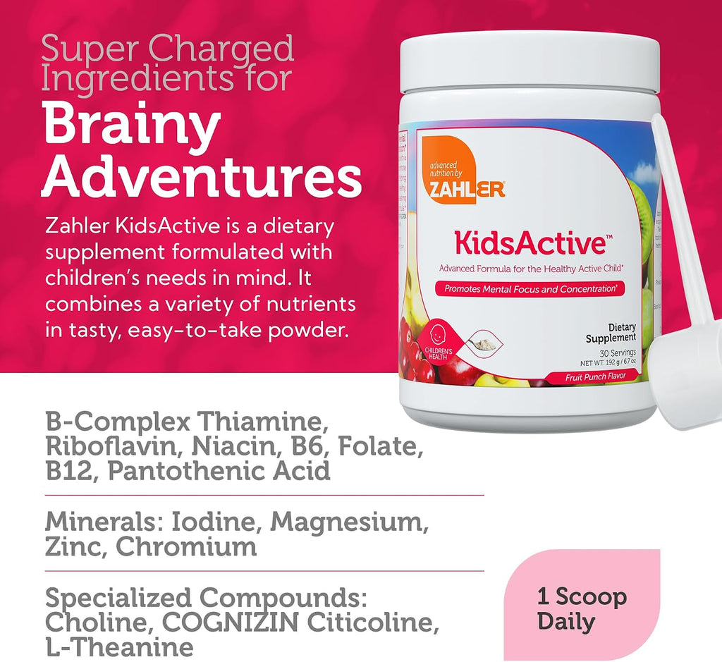 Zahler KidsActive – Fórmula en Polvo para la Concentración Infantil, 30 Dosis, Sabor a Punch de Fruta