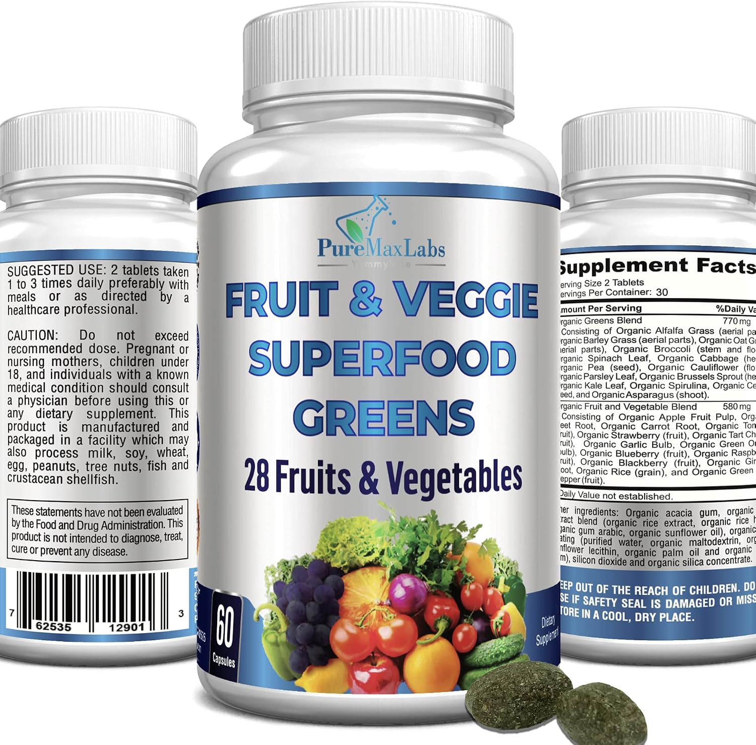 Fruit and Veggie Superfood Greens - 28 Frutas y Verduras Concentradas - 60 Comprimidos