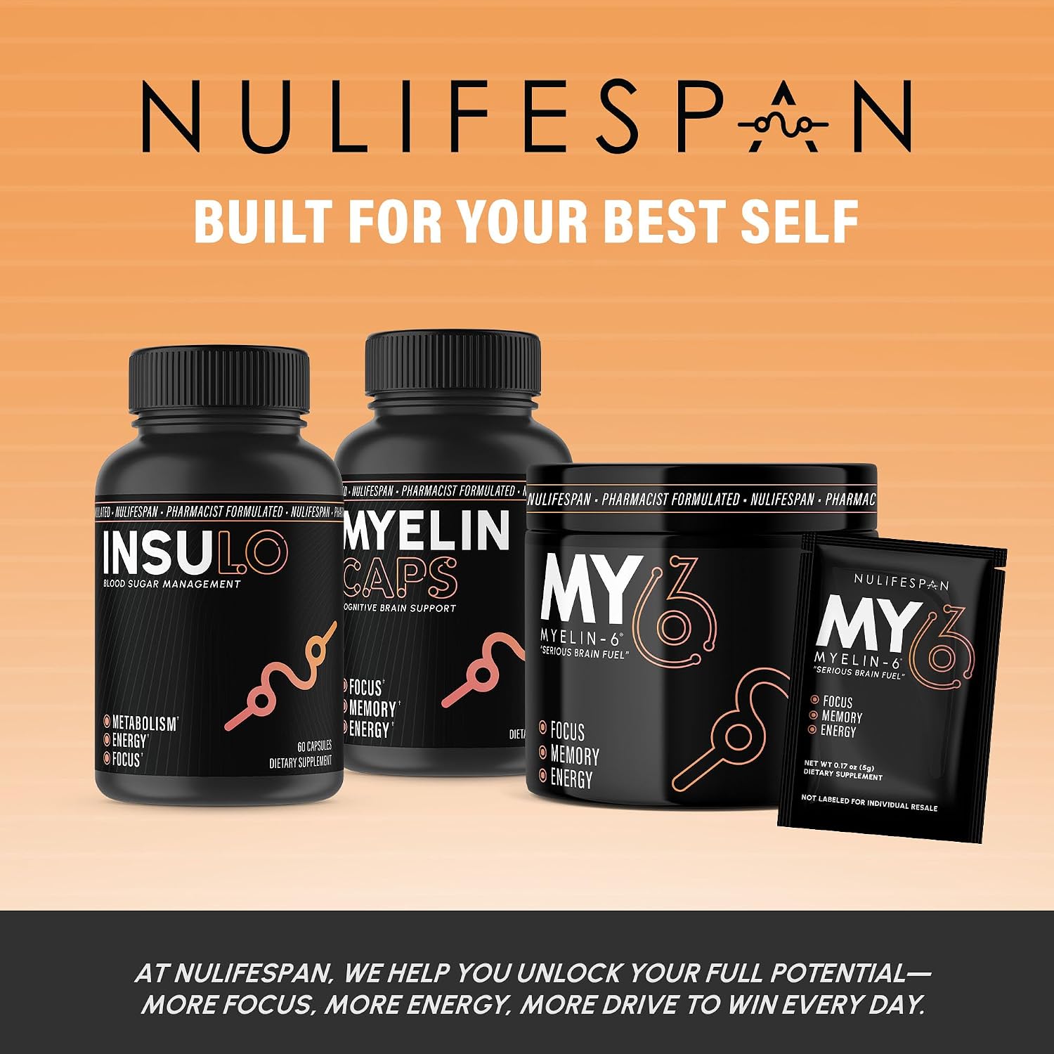 Myelin-6 Drink Mix - Suplemento para la concentración y salud cerebral con AlphaSize, L-Theanine, Teacrine, sabor naranja mandarina, 30 días