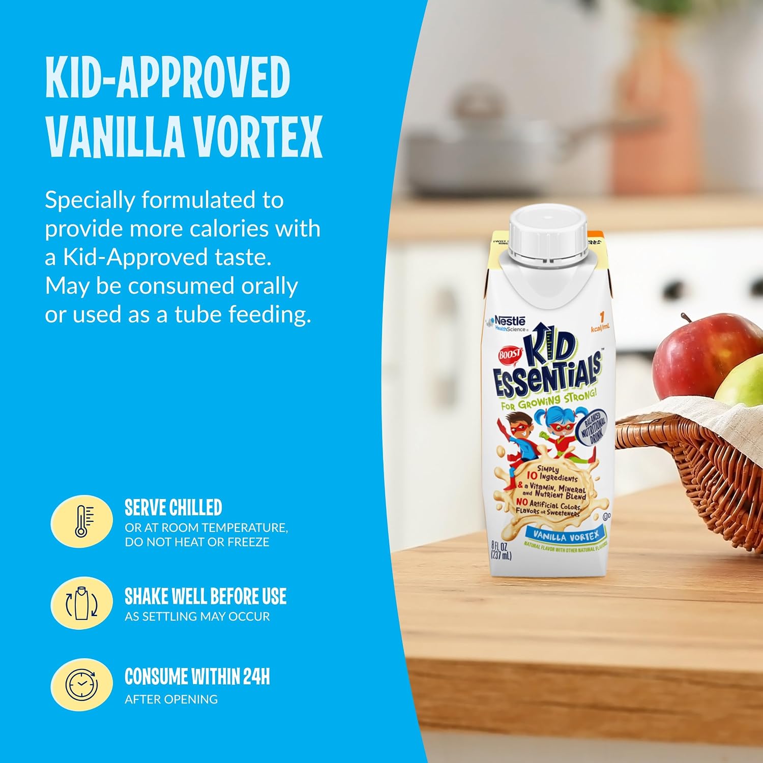 BOOST Kid Essentials 1.0kcal Balanced Nutritional Drink for Kids, Vanilla Vortex, 8 fl oz (Pack de 24)