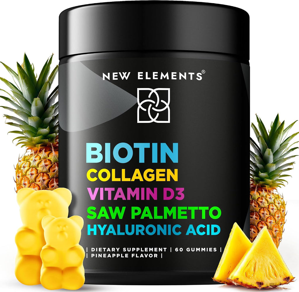 New Elements Gomitas de Biotina con Colágeno, Vitamina D3, Saw Palmetto y Ácido Hialurónico para Cabello, Piel y Uñas | Sin OGM, Sin Gluten, Sabor Natural a Piña