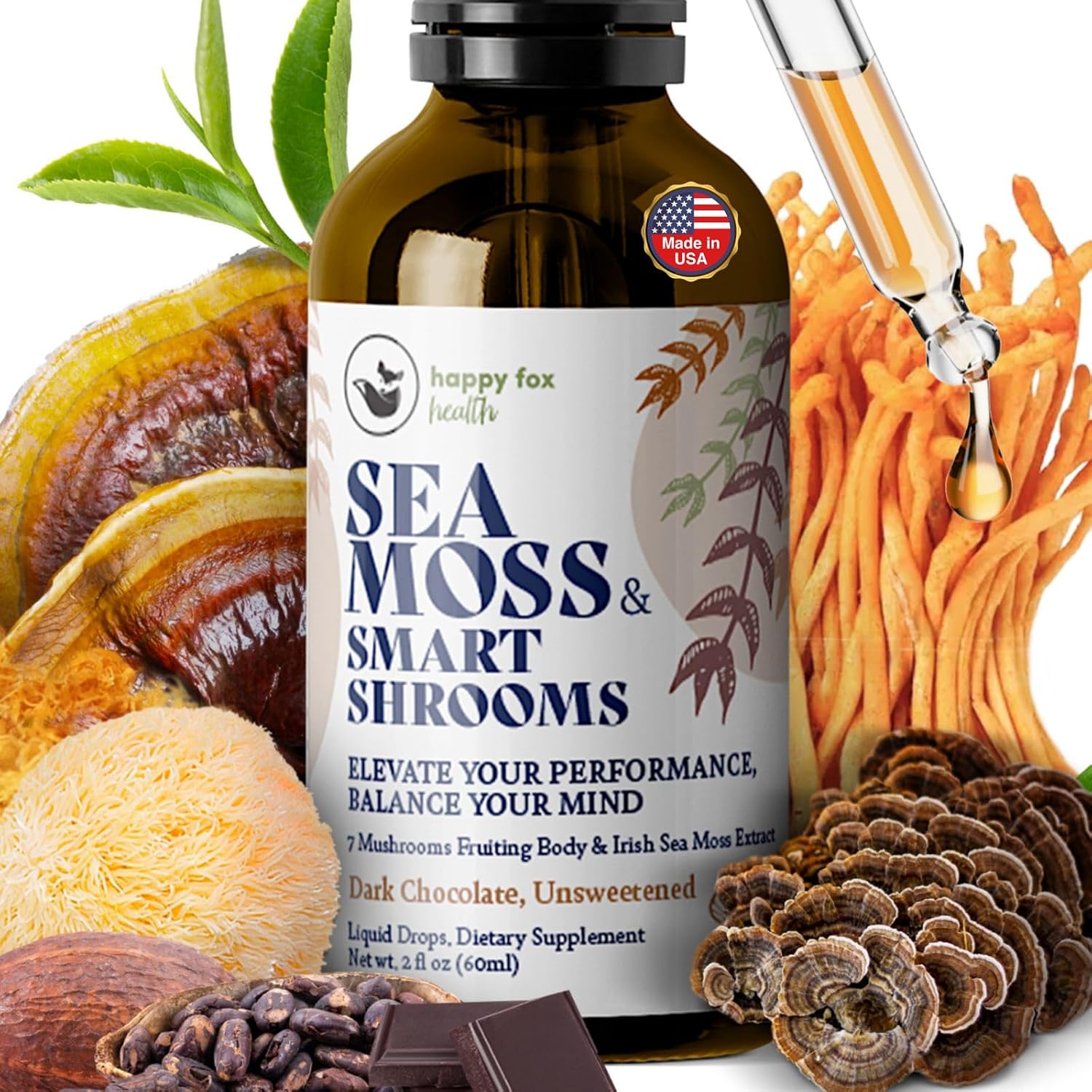 HAPPY FOX Cápsulas de Musgo Irlandés y Hongos Adaptógenos - 1500 mg, 90 Cápsulas Veganas