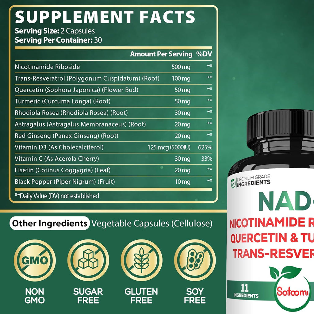 Satoomi NAD Suplemento para Mujeres - Nicotinamida Ribósido Resveratrol 900mg, Quercetina, Cúrcuma, Astrágalo, Ginseng, Vitamina D3, Vitamina C - 60 Cápsulas