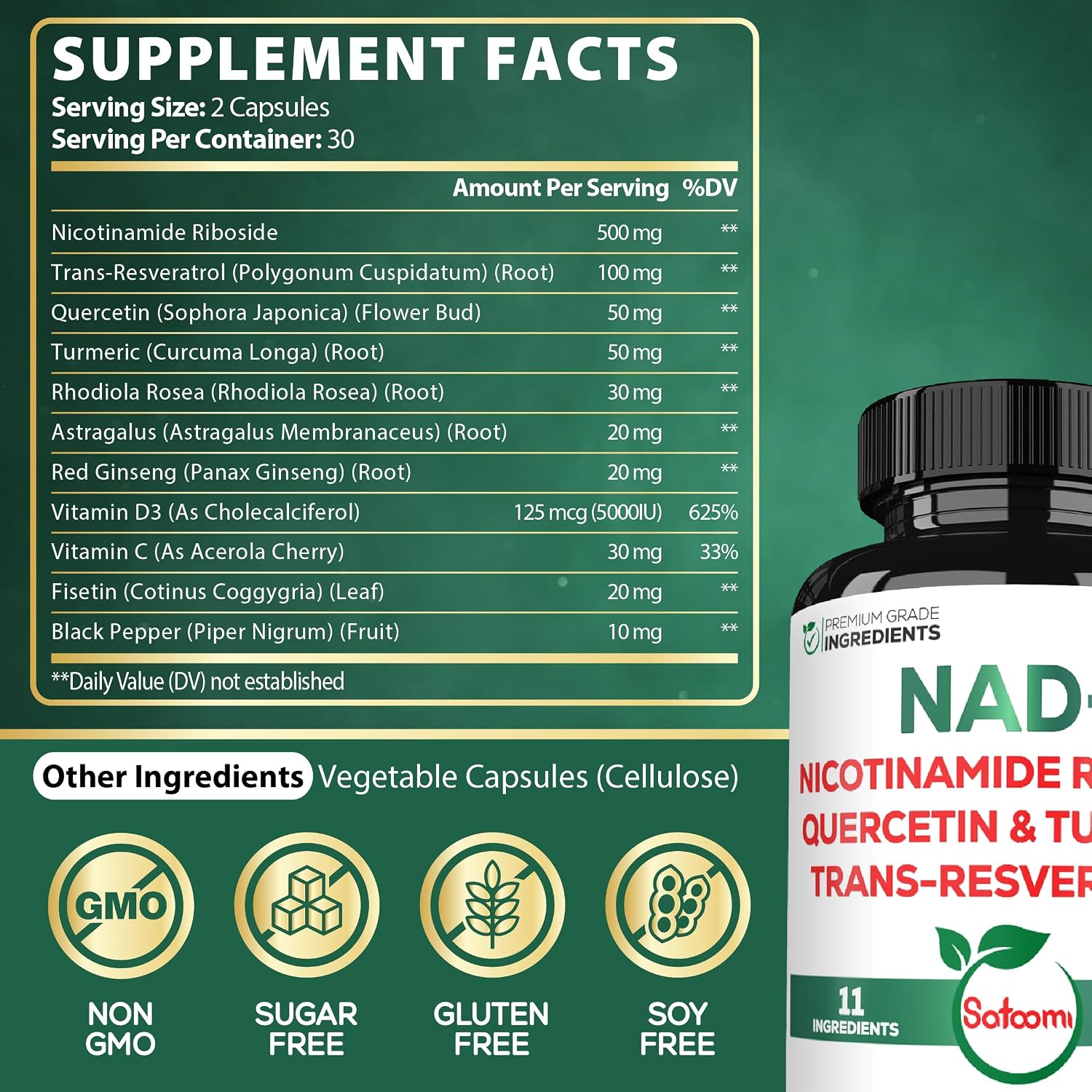 Satoomi NAD Suplemento para Mujeres - Nicotinamida Ribósido Resveratrol 900mg, Quercetina, Cúrcuma, Astrágalo, Ginseng, Vitamina D3, Vitamina C - 60 Cápsulas