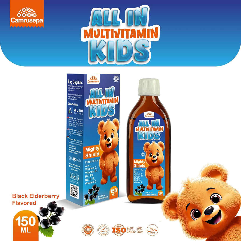 All in Multivitamin Kids Syrup – Black Elderberry Flavored, Inositol, Zinc, Vitamin C, Daily Liquid Multivitamin for Kids Immune, Growth, Appetite, Energy – 150 ml / 5 fl oz
