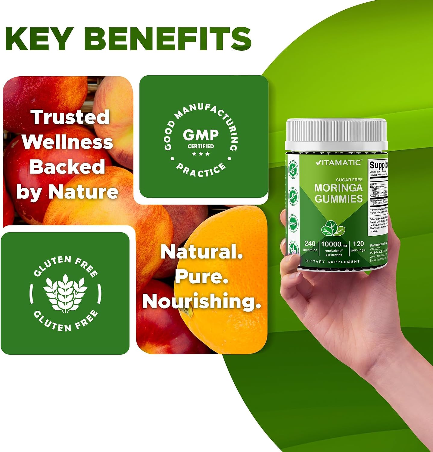 Vitamatic Moringa Gummies – Sin Azúcar – Extracto 50:1 – Superalimento Verde – A base de Pectina – Vegano – No transgénico – 240 Gominolas