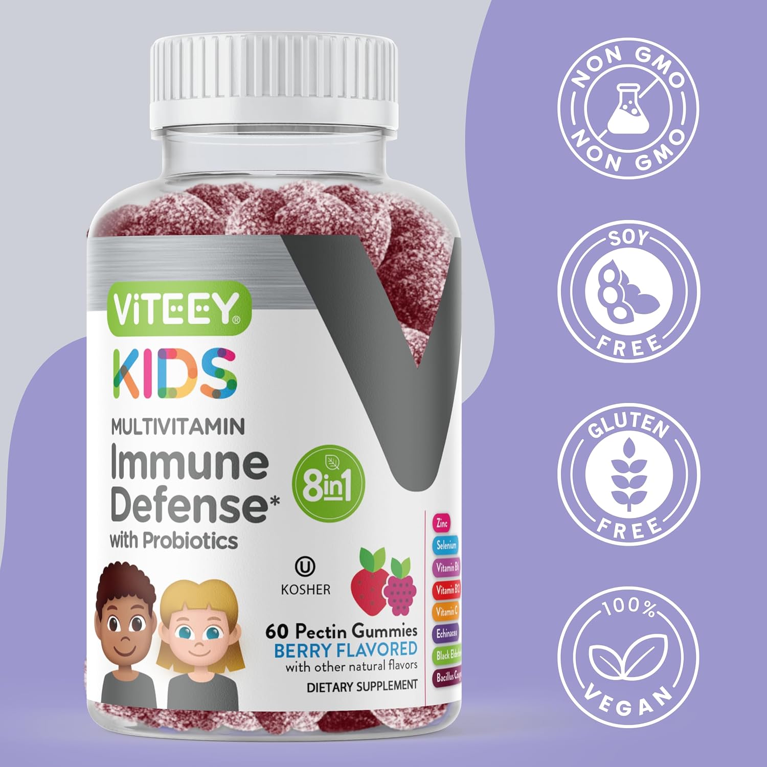 Viteey Gominolas Multivitamínicas para Niños con Probióticos - 60 Gominolas Sabor a Bayas