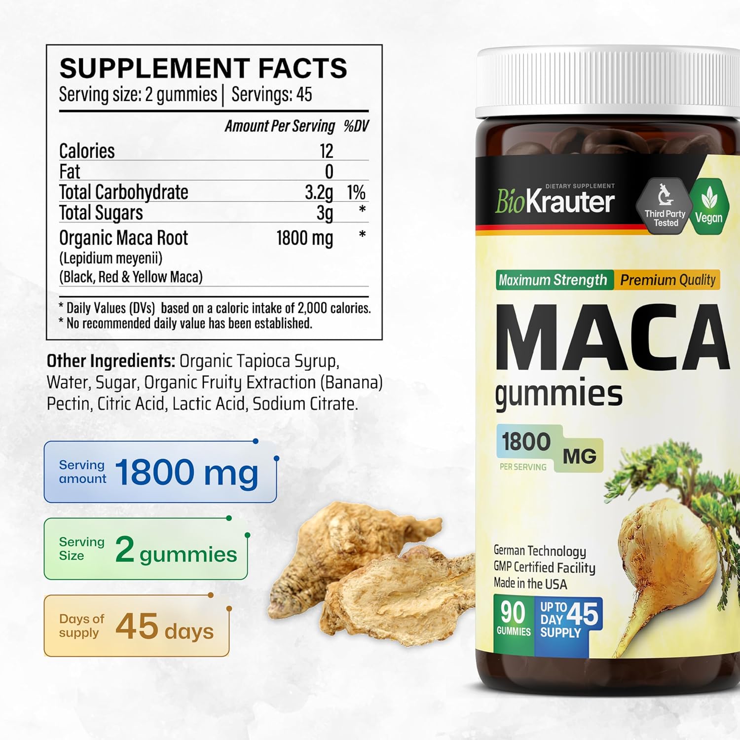Maca Root for Women and Men - Black, Red & Yellow Maca Supplement 1800 mg for Drive, Performance & Energy Support - 90 Gummies, 45-Day Supply, Non-GMO, Banana Flavor