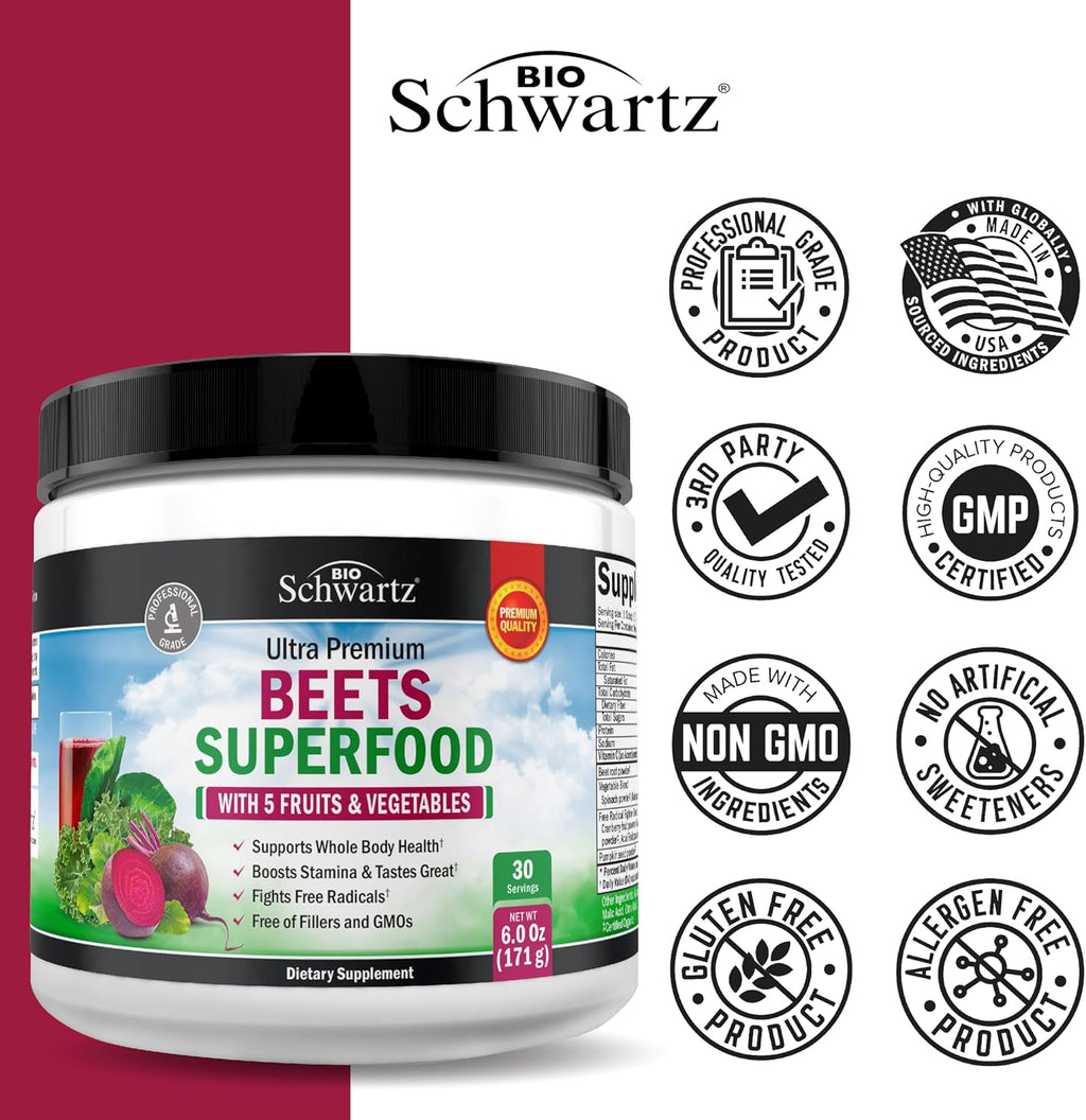 Polvo de Raíz de Remolacha BioSchwartz con Vitamina C y Superalimentos Orgánicos - 30 Servicios