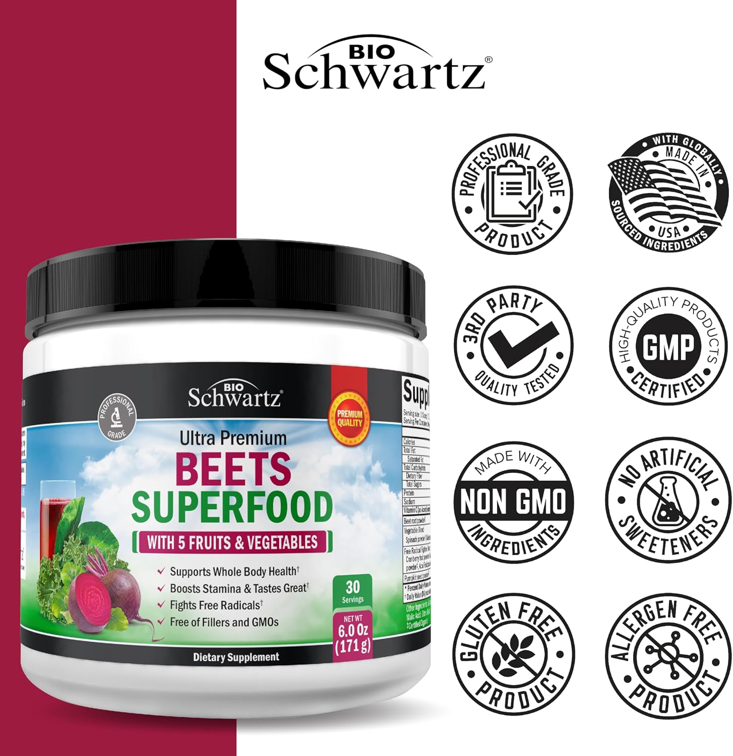 BioSchwartz Remolacha en Polvo - Suplemento Superfood con Vitamina C y Frutas Orgánicas