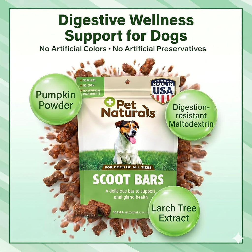 Pet Naturals Scoot Bars, Suplemento de Fibra para Perros, Calabaza y Extracto de Alerce, Apoyo para Glándulas Anales, Heces Firmes, Barritas Sabor Pato, 30 Unidades