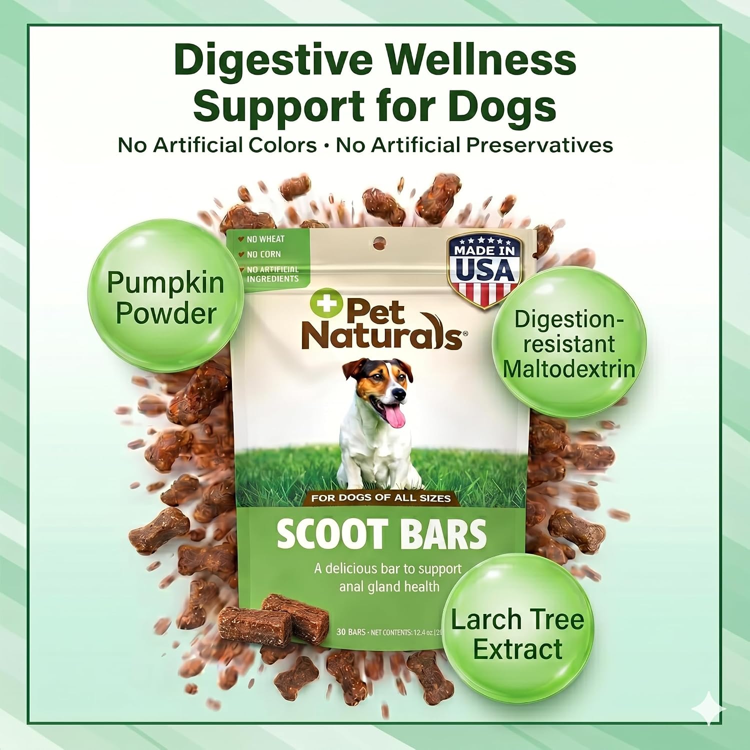 Pet Naturals Scoot Bars, Suplemento de Fibra para Perros, Calabaza y Extracto de Alerce, Apoyo para Glándulas Anales, Heces Firmes, Barritas Sabor Pato, 30 Unidades
