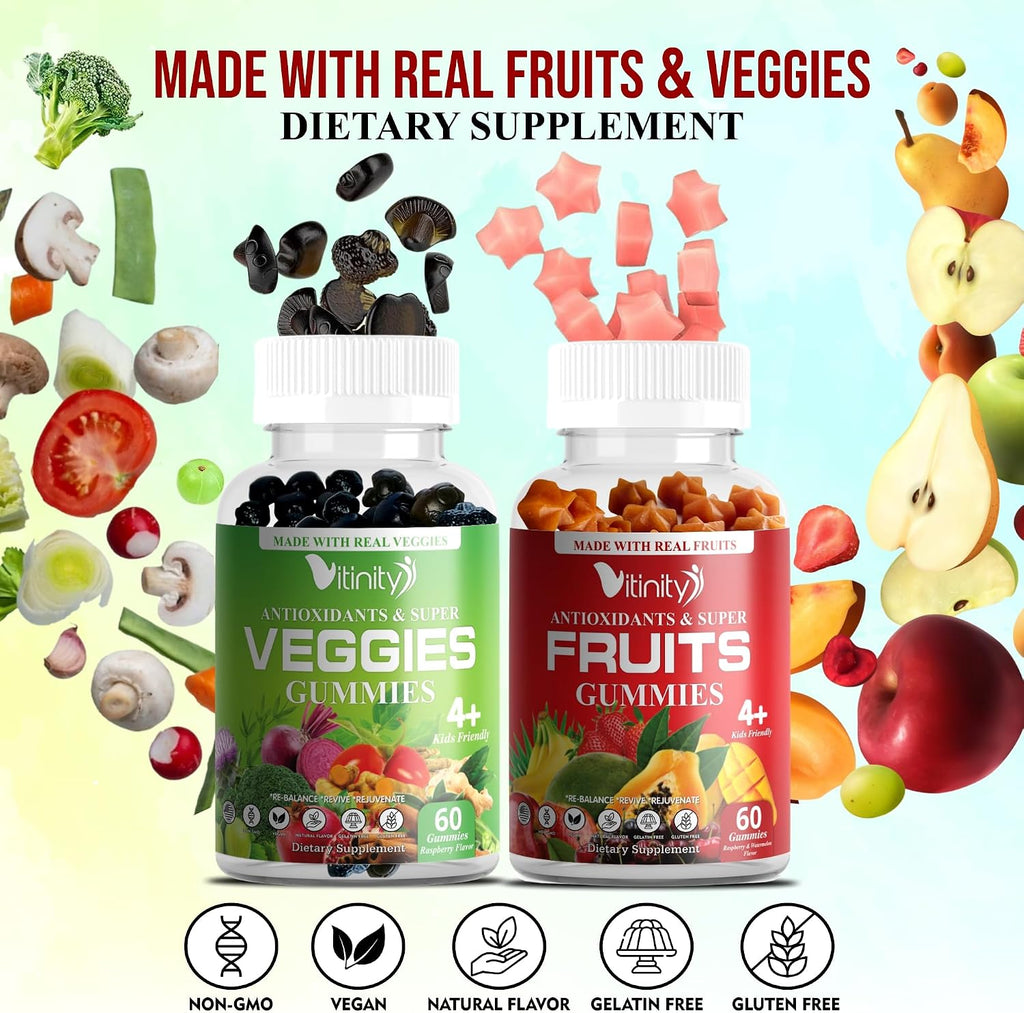 VITINITY Gominolas de Frutas y Verduras Reales - Suplemento Superfood Vegano para Mujeres, Hombres y Niños (60 Días)