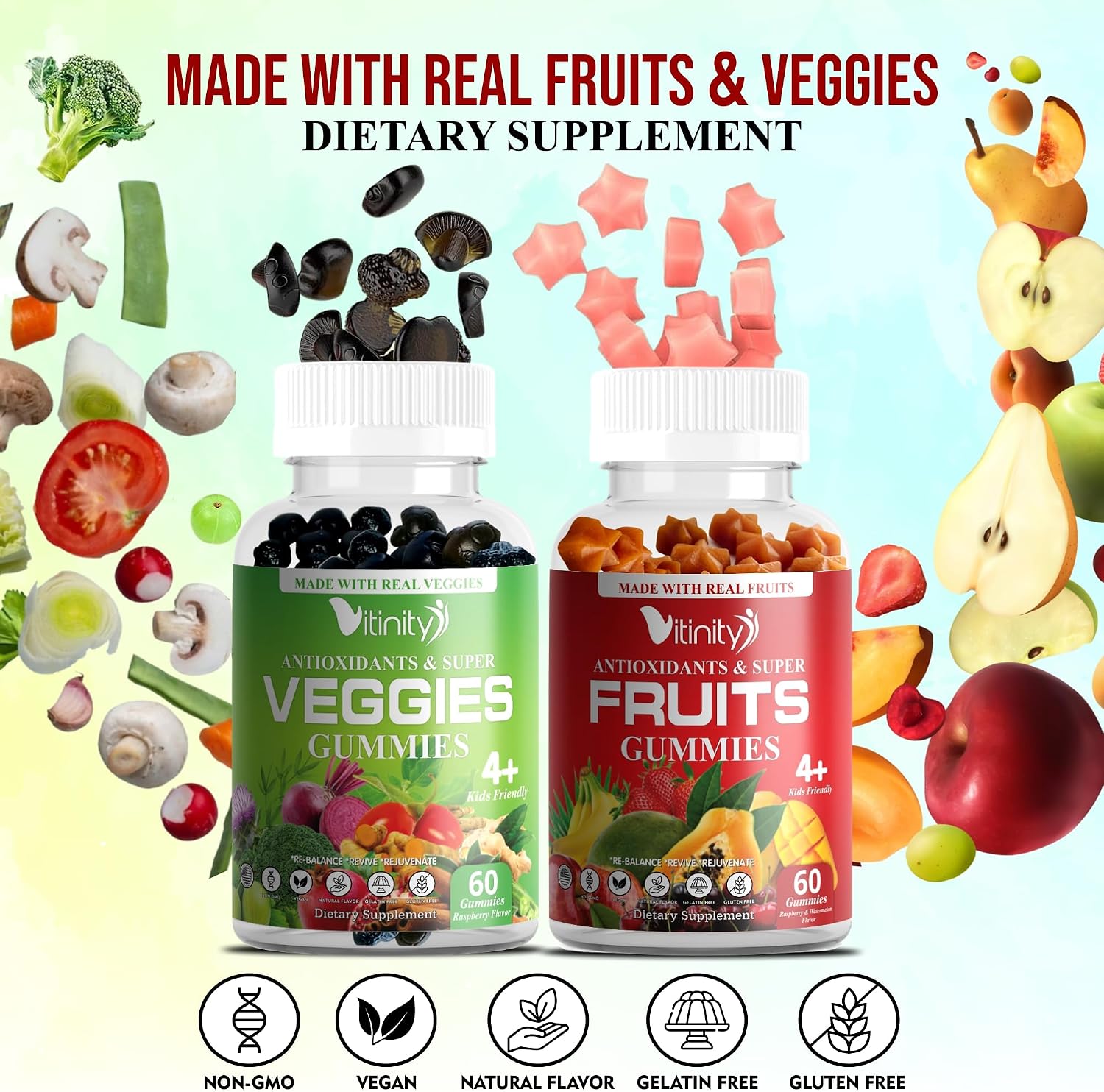 VITINITY Gominolas de Frutas y Verduras Reales - Suplemento Superfood Vegano para Mujeres, Hombres y Niños (60 Días)