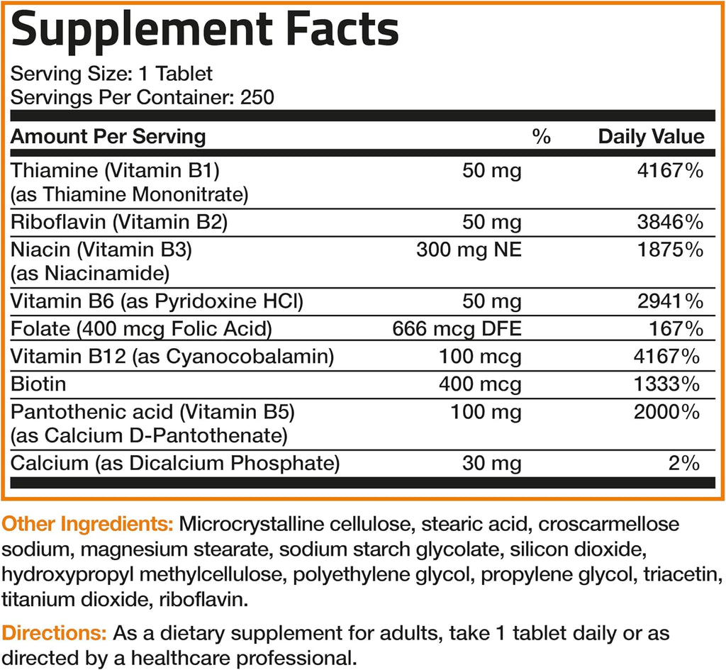 Bronson Complejo B - Vitaminas B1, B2, B3, B6, B9 (Ácido Fólico) y B12 - 250 Tablets