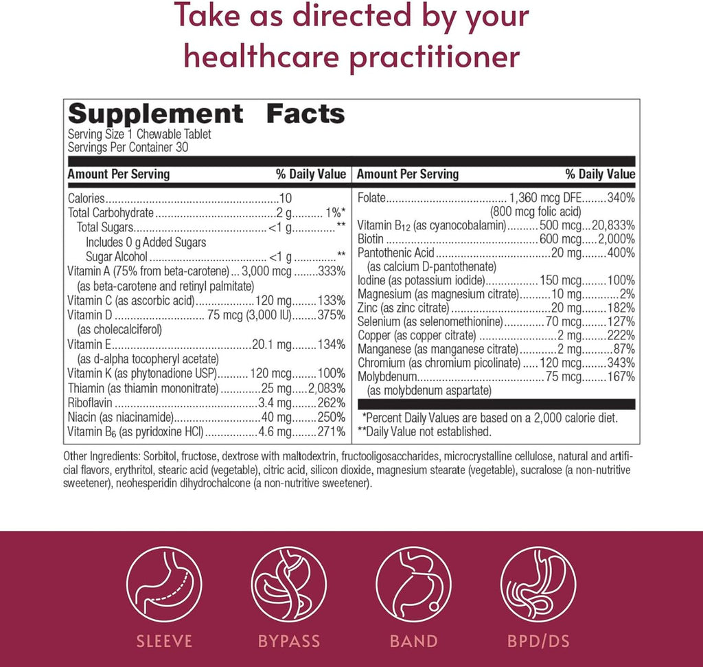 Bariatric Advantage Chewable Ultra Solo Sin Hierro - Multivitamínico Diario para Pacientes de Cirugía Bariátrica - 30 Comprimidos Sabor Cítrico