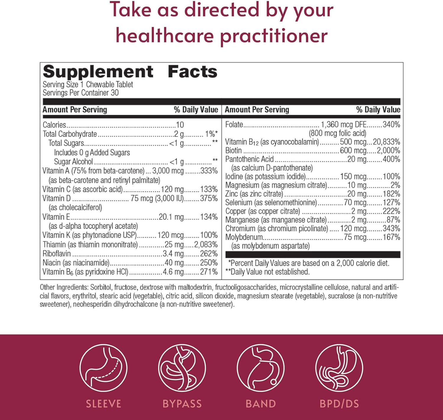 Bariatric Advantage Chewable Ultra Solo Sin Hierro - Multivitamínico Diario para Pacientes de Cirugía Bariátrica - 30 Comprimidos Sabor Cítrico