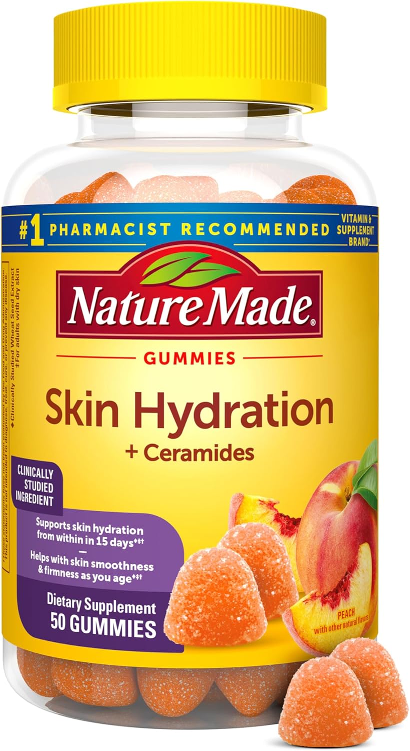 Nature Made Gominolas de Hidratación para la Piel con Ceramidas de Origen Vegetal, Biotina y Vitamina C, 50 Gominolas (25 Días)