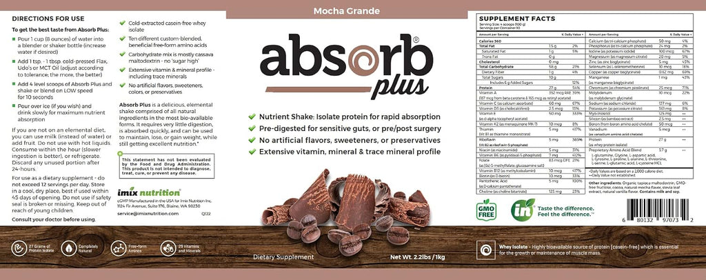 Absorb Plus Isolate Protein - Suplemento Proteico para la Salud Digestiva, Sabor Mocha Grande (1 kg)