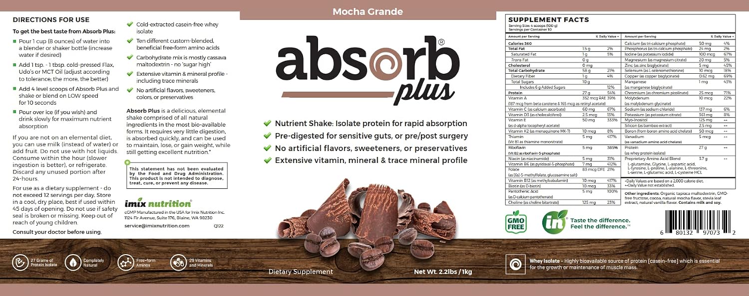 Absorb Plus Isolate Protein - Suplemento Proteico para la Salud Digestiva, Sabor Mocha Grande (1 kg)