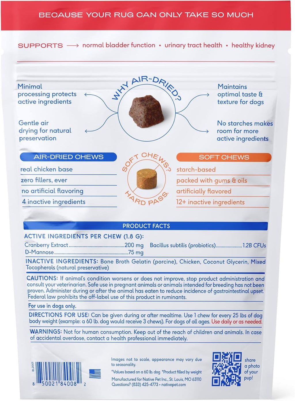 Native Pet Suplemento Urinario para Perros - Arándano, D-Mannosa y Probióticos - 120 Chews