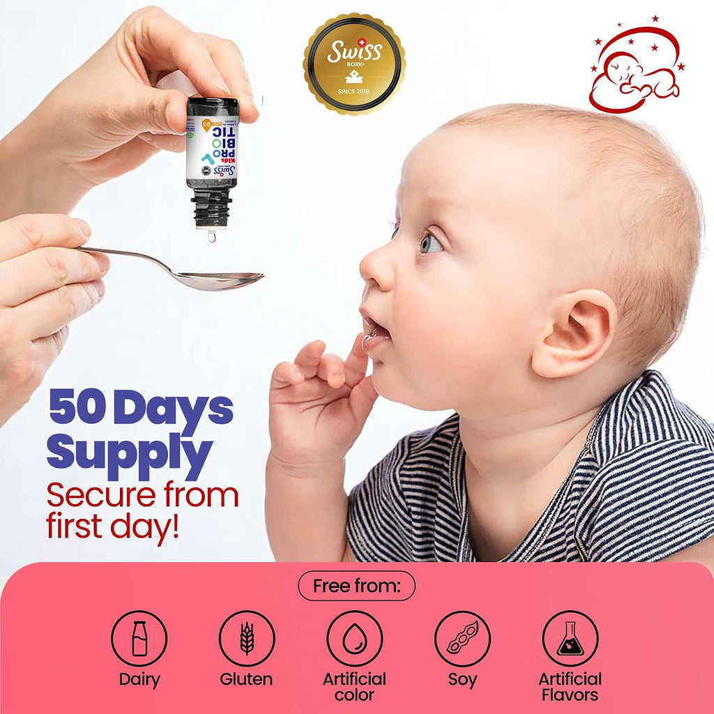 Swiss Bork Baby Probiotic Drops with Vitamin D3 — Kids Probiotics for Gut Health, Effective Digestive Support, and Colic Relief – 10ML & 45 Days’ Supply (Halal)
