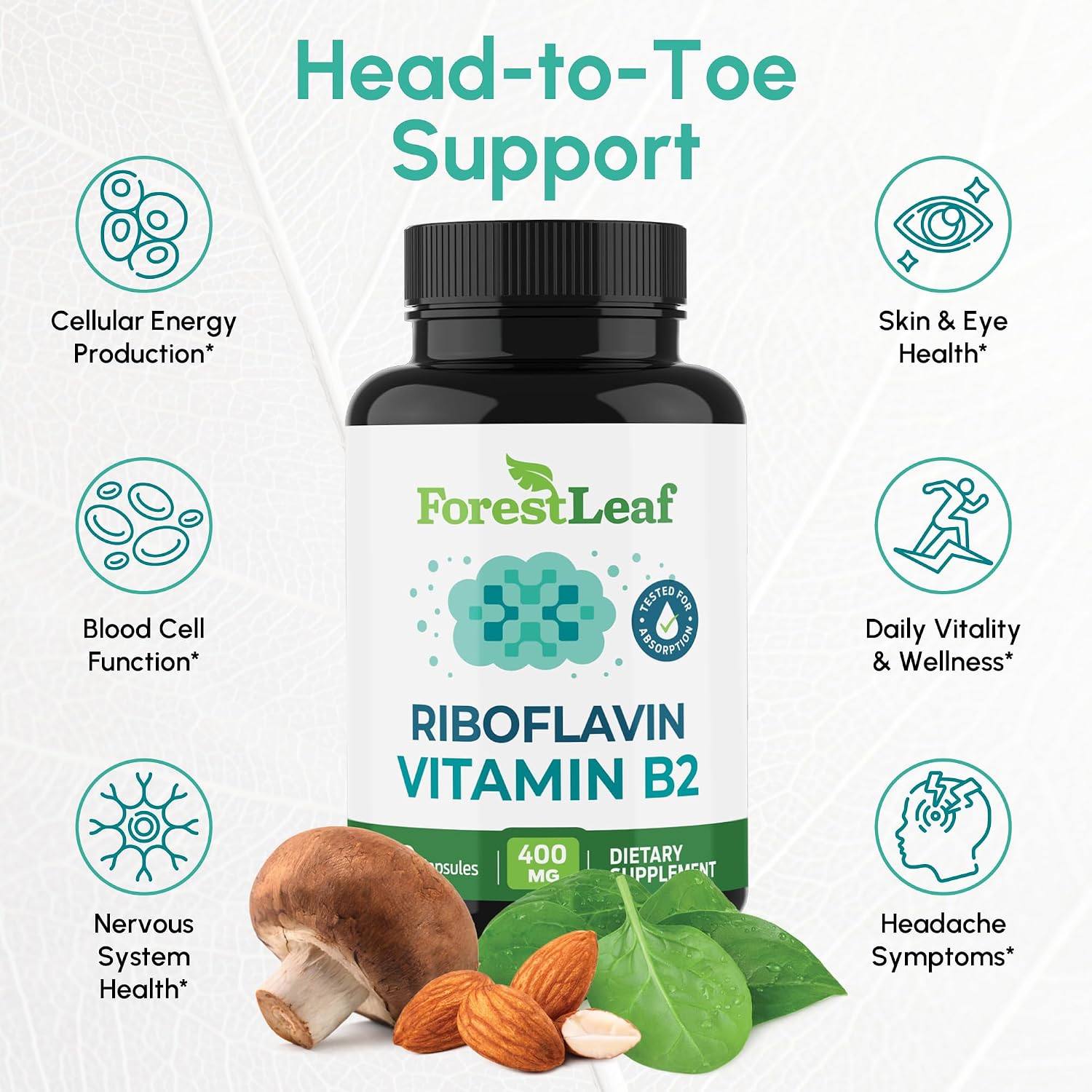 ForestLeaf Vitamina B2 (Riboflavina) 400 mg - 180 Cápsulas Vegetales - Apoyo Energético y Salud de la Piel