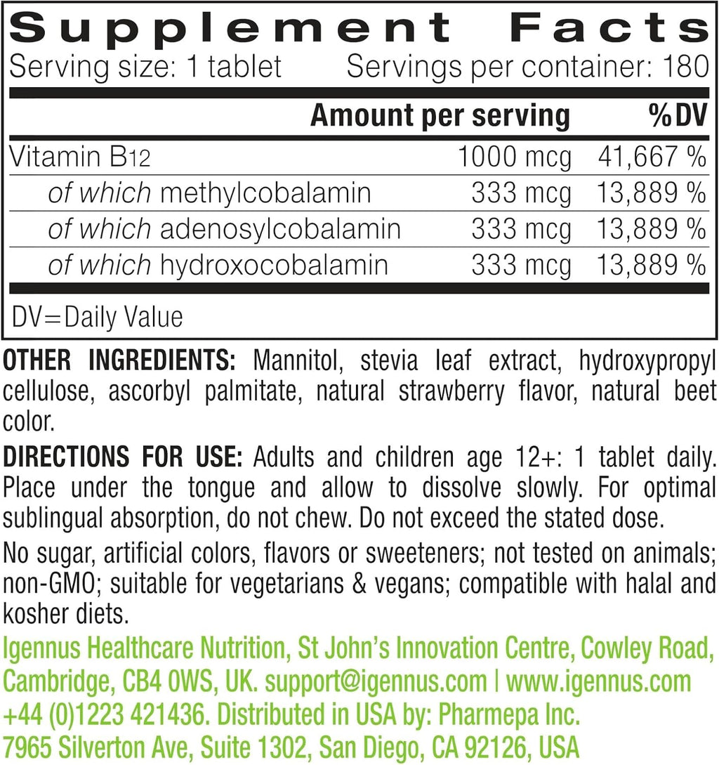 Igennus Sublingual Vitamin B12 Complex 1000mcg – Complejo de Vitamina B12 Bioactivo