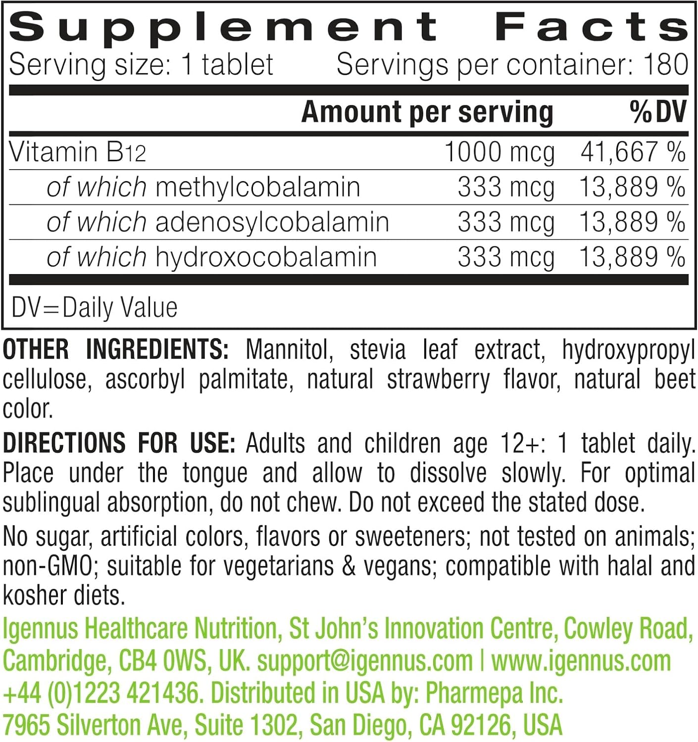 Igennus Sublingual Vitamin B12 Complex 1000mcg – Complejo de Vitamina B12 Bioactivo