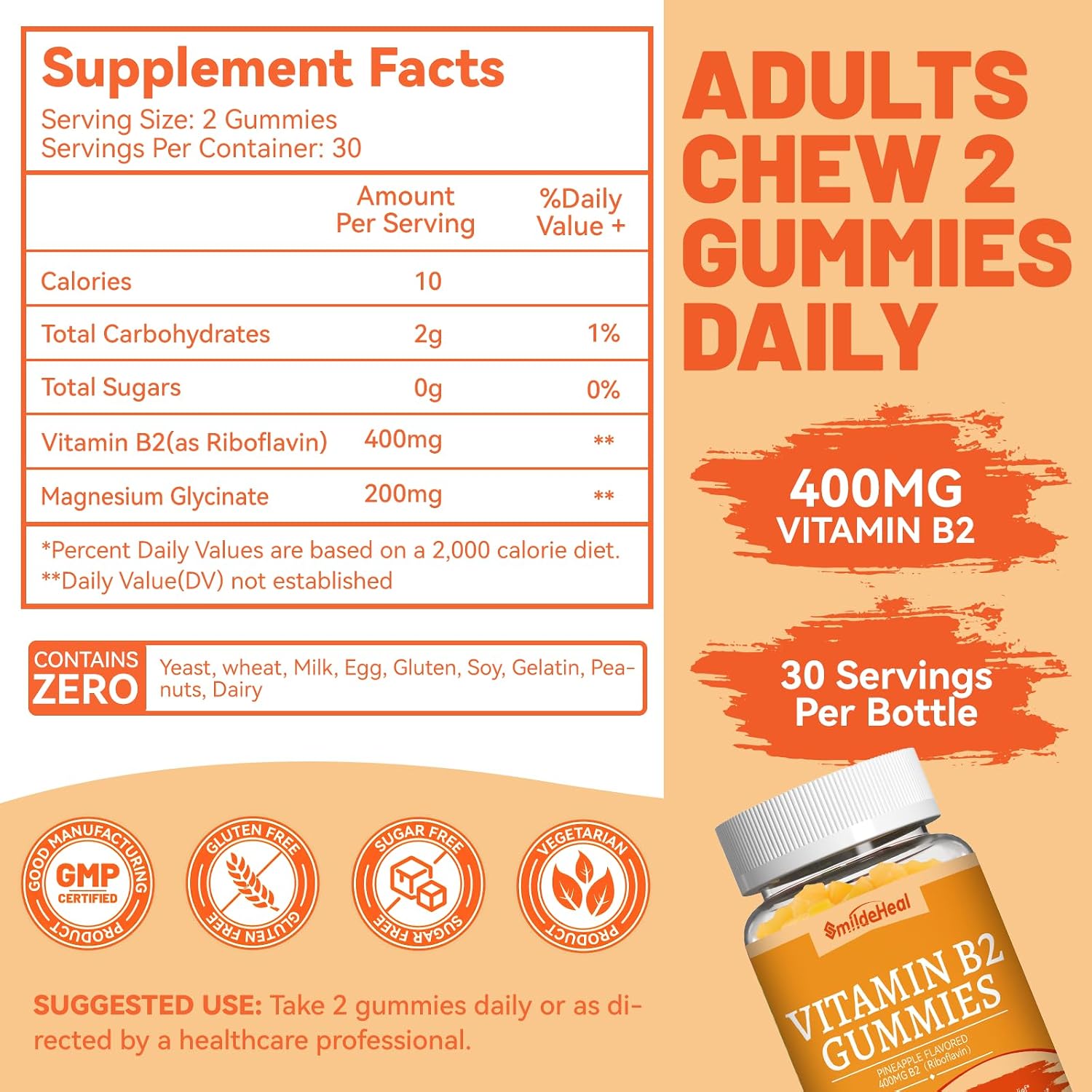 SmildeHeal Vitamin B2 Gummies - Riboflavina 400mg con Magnesio - 60 Gominolas Veganas