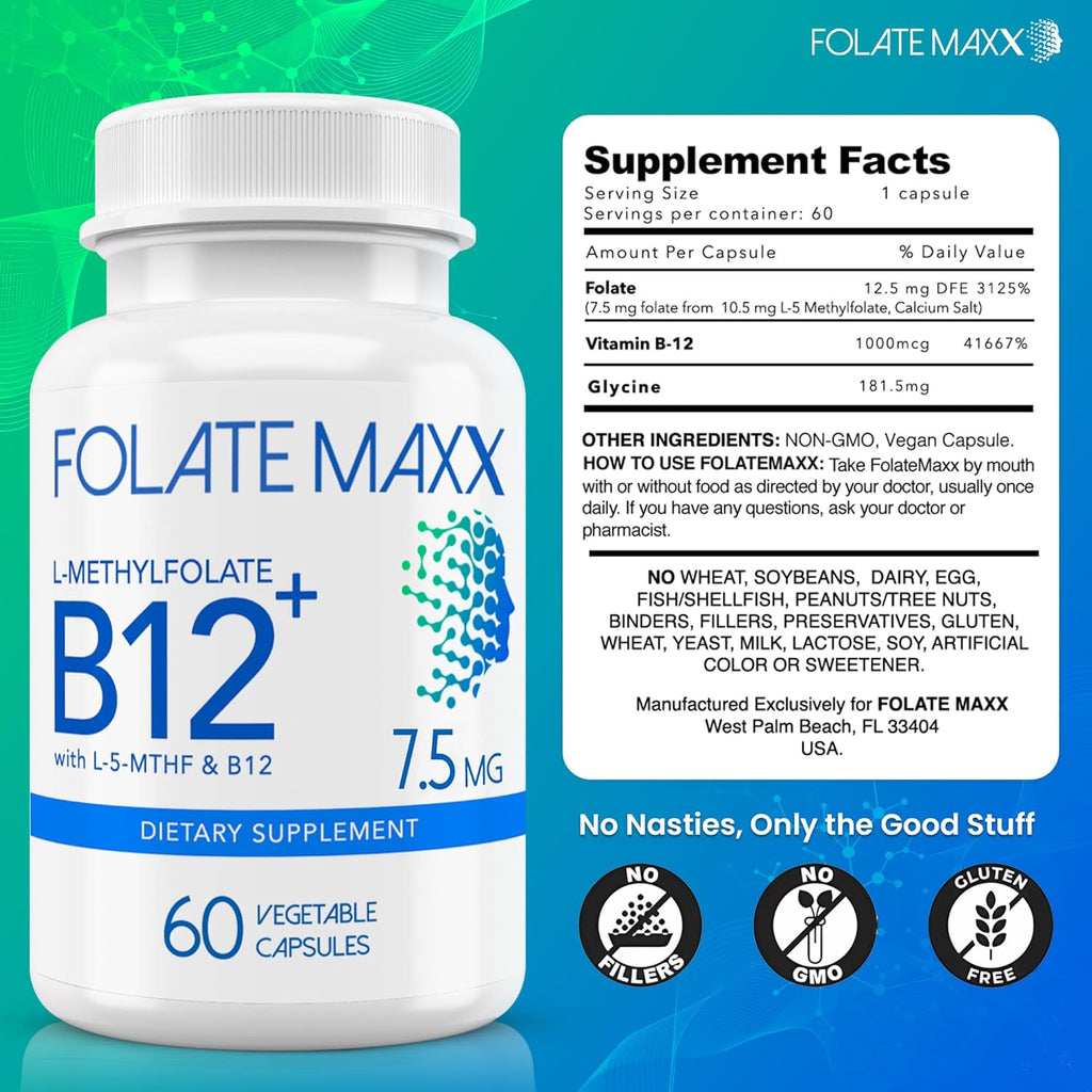 L-Methylfolate 7.5mg con B12 Metil - 60 Cápsulas - 5-MTHF con B12 Metilcobalamina para el Estado de Ánimo, Metilación y Cognición - Formas Bioactivas de Vitamina B9 y B12 - Suministro para 2 Meses