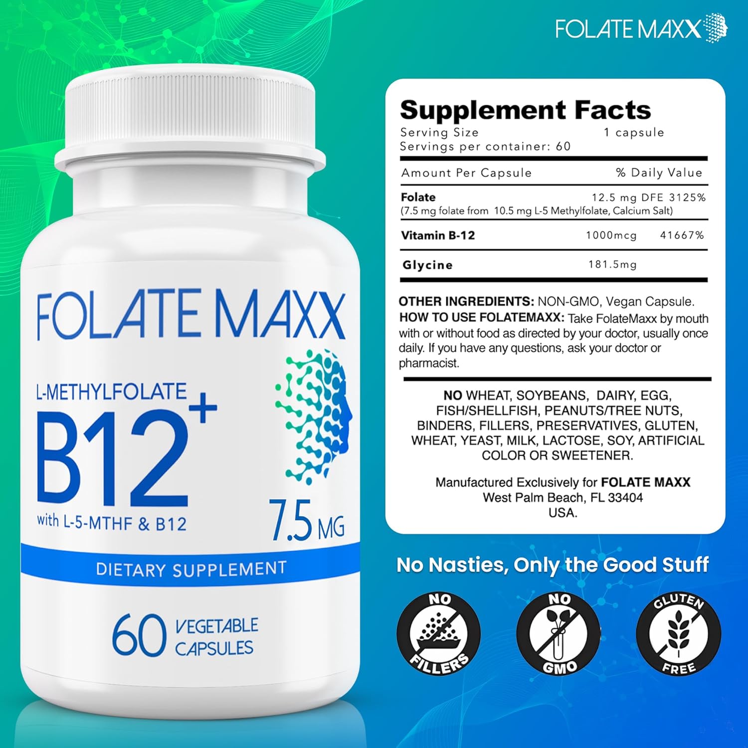 L-Methylfolate 7.5mg con B12 Metil - 60 Cápsulas - 5-MTHF con B12 Metilcobalamina para el Estado de Ánimo, Metilación y Cognición - Formas Bioactivas de Vitamina B9 y B12 - Suministro para 2 Meses