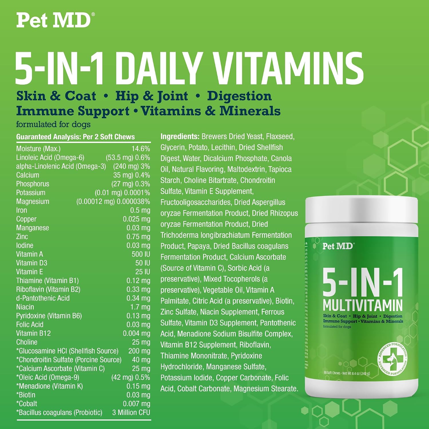 Pet MD Multivitamínico 5en1 para Perros - 30 Vitaminas, Minerales y Nutrientes Esenciales - 60 Comprimidos