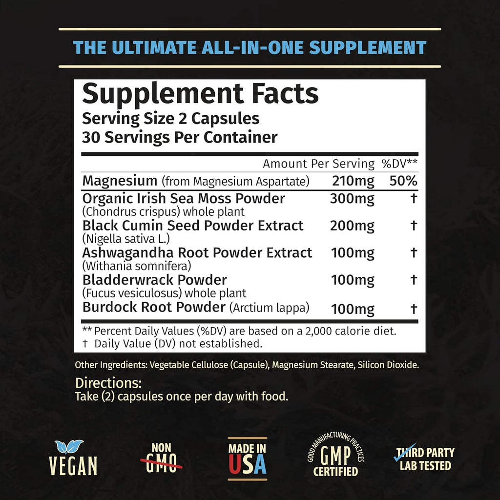 Rooted Origins Cápsulas de Sea Moss – Irish Sea Moss Avanzado, Magnesio, Ashwagandha, Aceite de Semilla Negra, Raíz de Bardana y Bladderwrack – Apoyo Inmune, Salud Digestiva, Energía y Más – 60 Cápsulas
