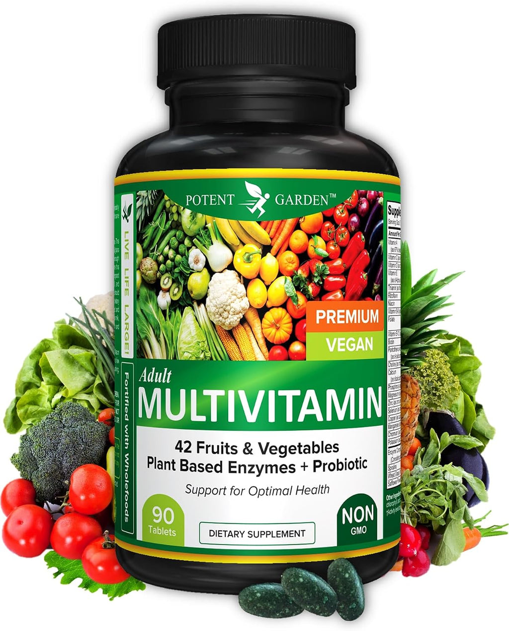 Potent Garden Multivitamínico para Hombres y Mujeres – 42 Frutas y Verduras, Probióticos y Enzimas, Complemento Alimenticio Diario, 90 Comprimidos
