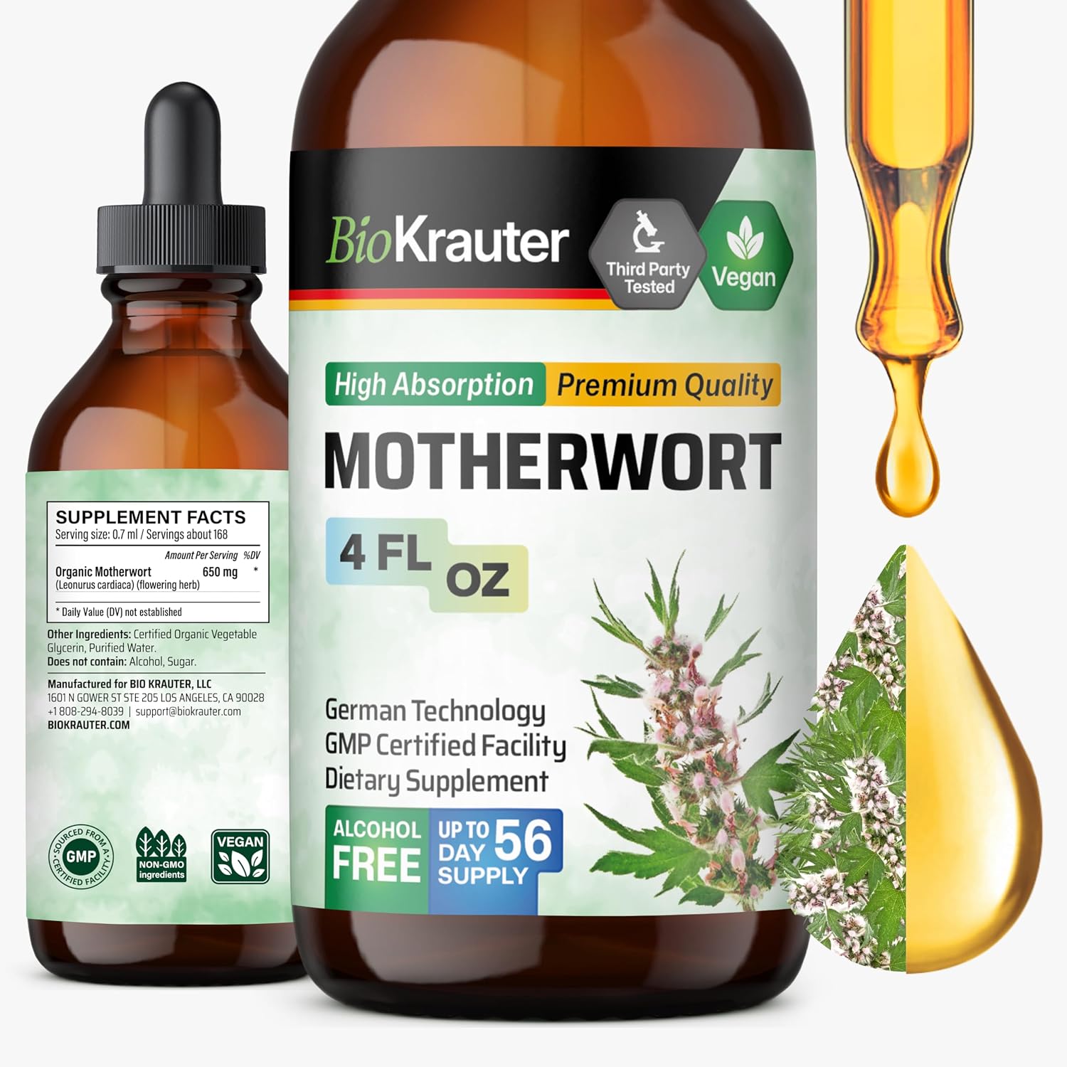 BIO KRAUTER® Suplemento para Perimenopausia y Menopausia - Tintura Vegana de Agripalma 118 ml (4 oz) - 56 días - Sin Alcohol ni Azúcar - 650 mg por dosis