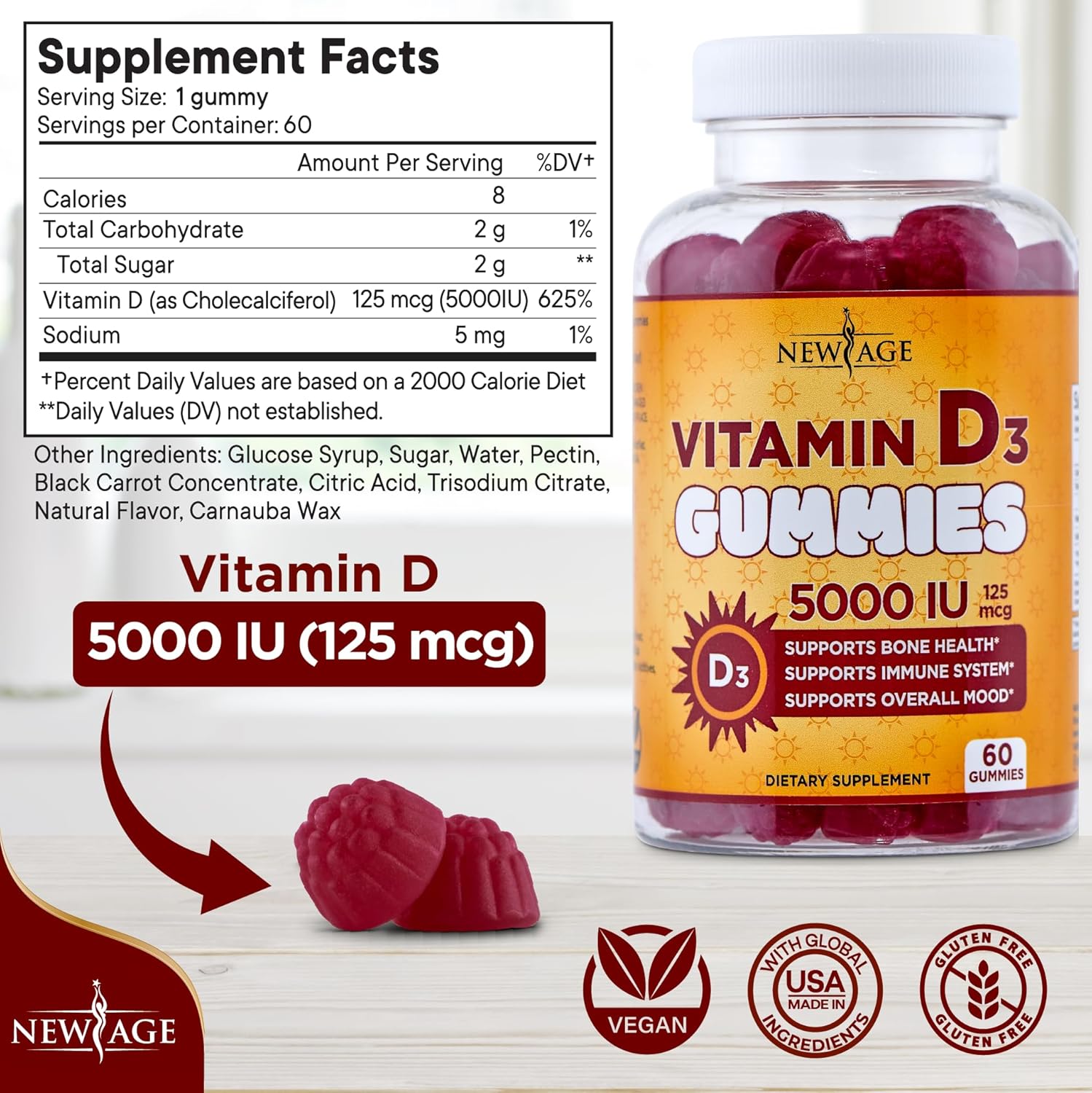 NEW AGE Vitamin D3 5000 IU Gummies - 120 Gominolas (Pack de 2)