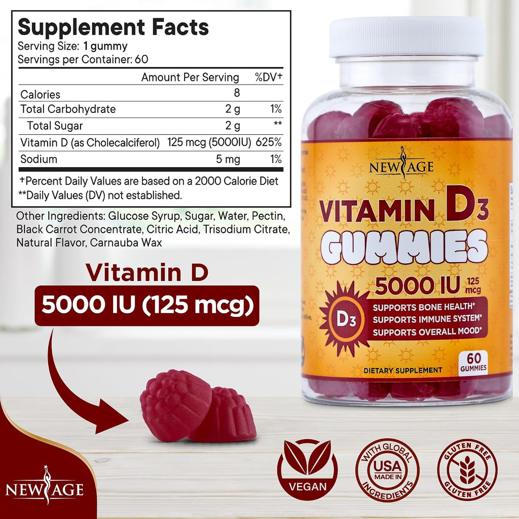 New Age Vitamina D3 5000 UI Gomitas - Suplemento Inmunológico, Sin Gluten, Sin Gelatina, Sabor Natural (180 Gomitas)
