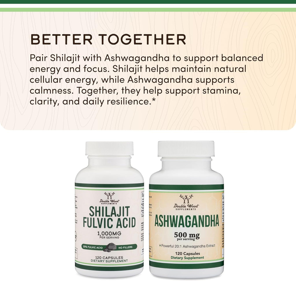 Shilajit Puro del Himalaya Cápsulas - 1000mg con 20% Ácido Fúlvico - 120 Cápsulas - Double Wood
