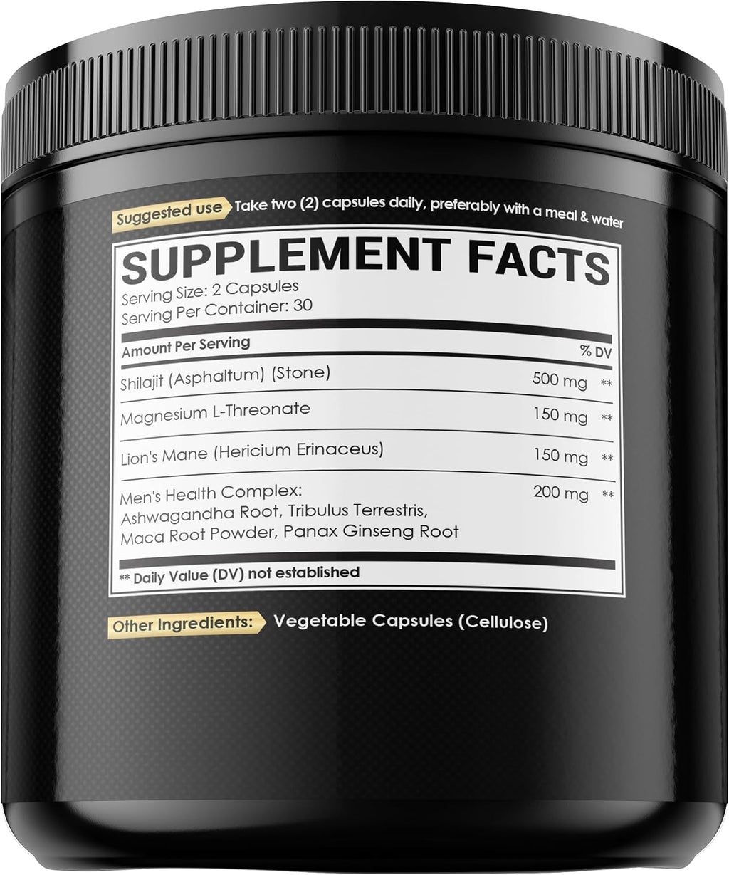 Shilajit Puro del Himalaya Orgánico con Magnesio, Melena de León y Complejo para la Salud Masculina - 60 Cápsulas