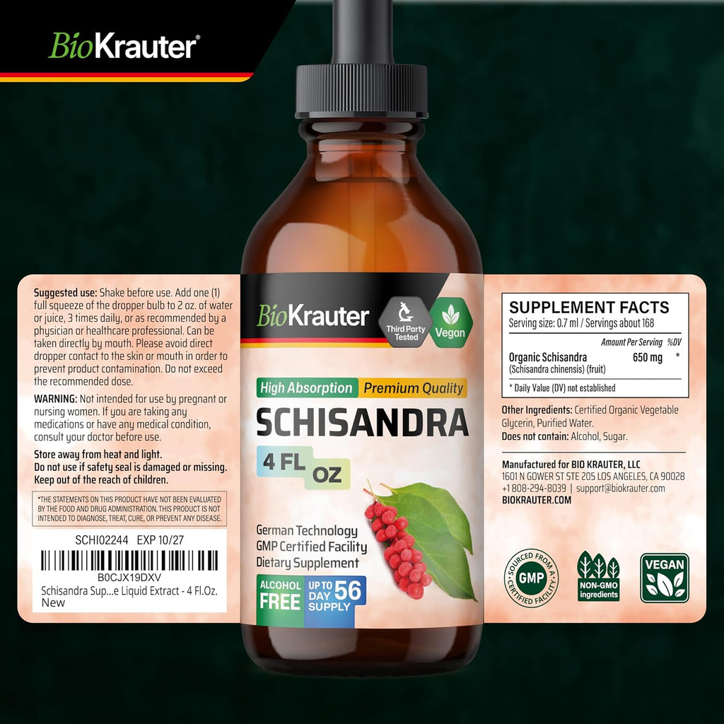 BIO KRAUTER® Schisandra para la Calma y Relajación - Complemento Vegano de Estado de Ánimo - Extracto Líquido de Baya de Schisandra 118 ml - Gotas Naturales 650 mg por Dosis, Suministro para 56 Días, Sin Alcohol ni Azúcar